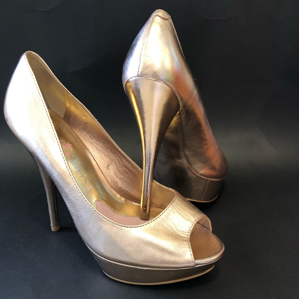 Rose Gold Leather peep toe platform pumps